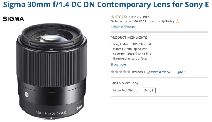 Sigma 30mm f/1.4 DC DN Contemporary Lens for Sony E at