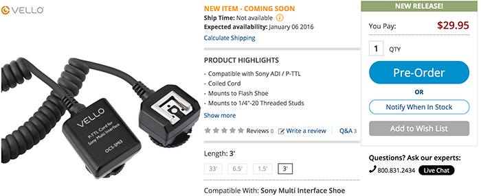 Vello Off-Camera TTL Flash Cord for Sony Cameras with Multi Interface Shoe 3 