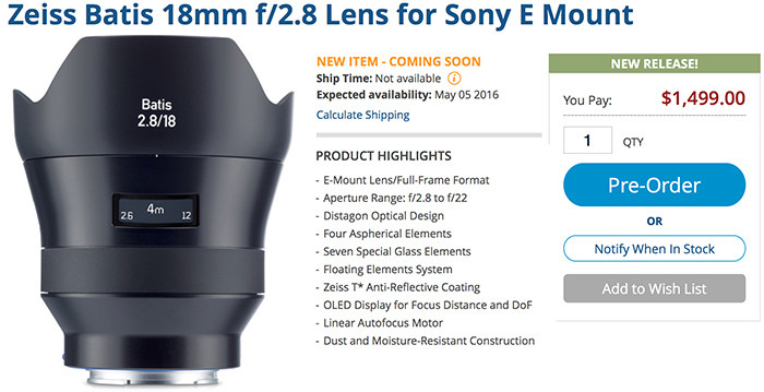 Zeiss announces the Batis 18mm f/2.8 FE lens. Ships on May 5 for $1,499 at  BHphoto. - sonyalpharumors