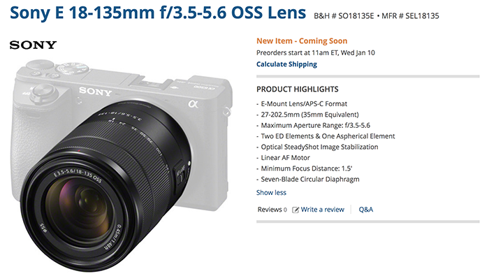 Sony announces the E-mount 18-135mm f/3.5-5.6 OSS. And a new