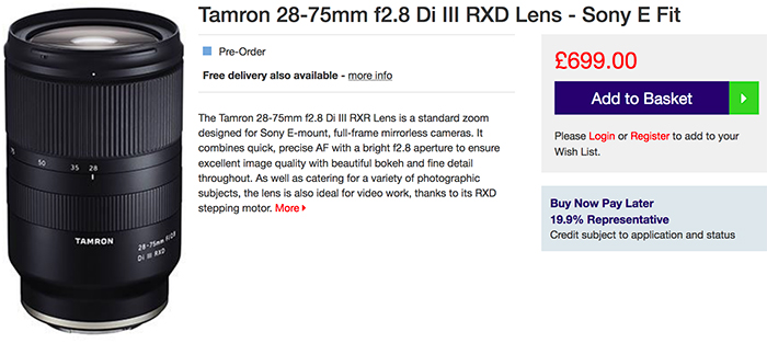 Tamron 28-75mm F/2.8 Di III RXD for Sony FE pricing officially announced:  ‎€829 and $799 – sonyalpharumors