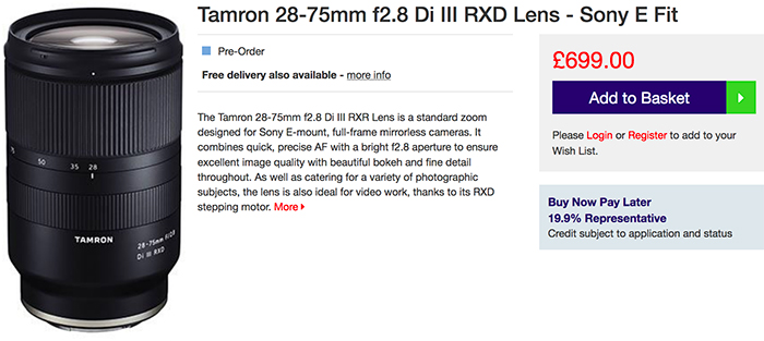 Tamron 28-75mm f/2.8 Di III RXD Lens for Sony E Mount