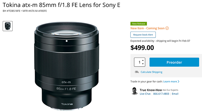 Tokina 85mm f/1.8 FE autofocus lens officially announced