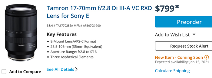 Announced: Tamron 17-70mm f/2.8 Di III-A VC RX D APS-C zoom lens