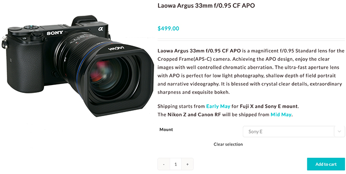 Now available for preorders: Laowa Argus 33mm f/0.95 CF APO E-mount ...