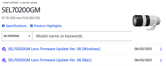 sony firmware update 70-200mm