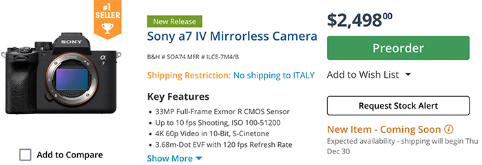 Sony A7iv Mirrorless Digital Camera