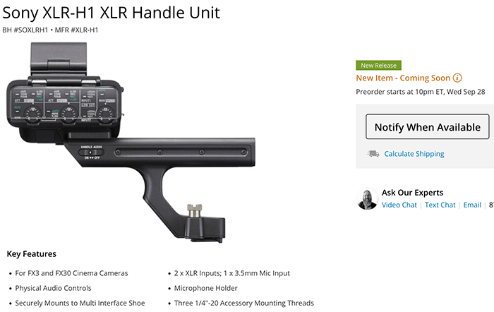 Sony also announced the new XLR-H1 Handle Unit for the FX3/FX30