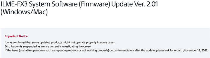 Sony suspendió oficialmente la actualización del firmware FX3-FX30
