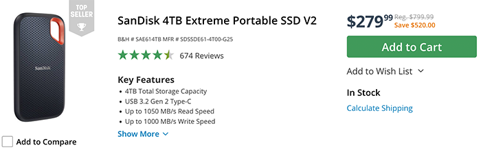 Recordatorio de oferta de almacenamiento en caliente: el disco duro portátil Sandisk 4Tb tiene un descuento de $ 520 en Amazon y BH