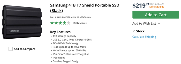 Nuevo precio súper bajo: Samsung 4TB T7 SSD externo ahora $ 130 de descuento