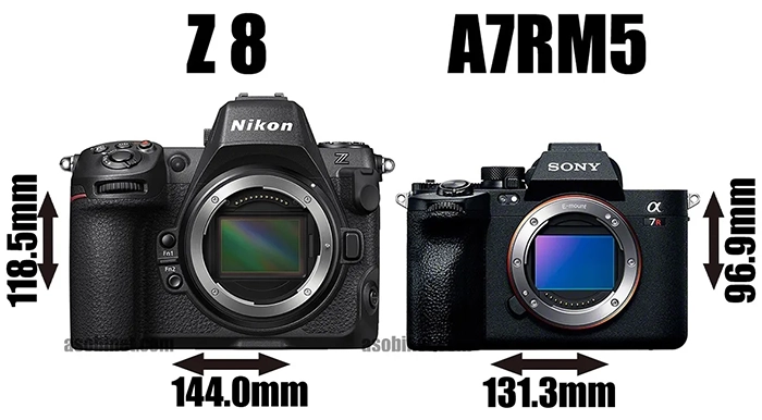 Comparación de tamaño y especificaciones de Nikon Z8 vs Sony A7rV