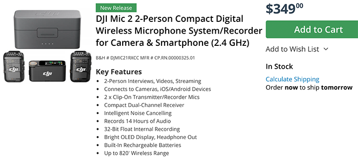 DJI Mic Compact Digital Wireless Microphone System/Recorder for Camera &  Smartphone (2.4 GHz)